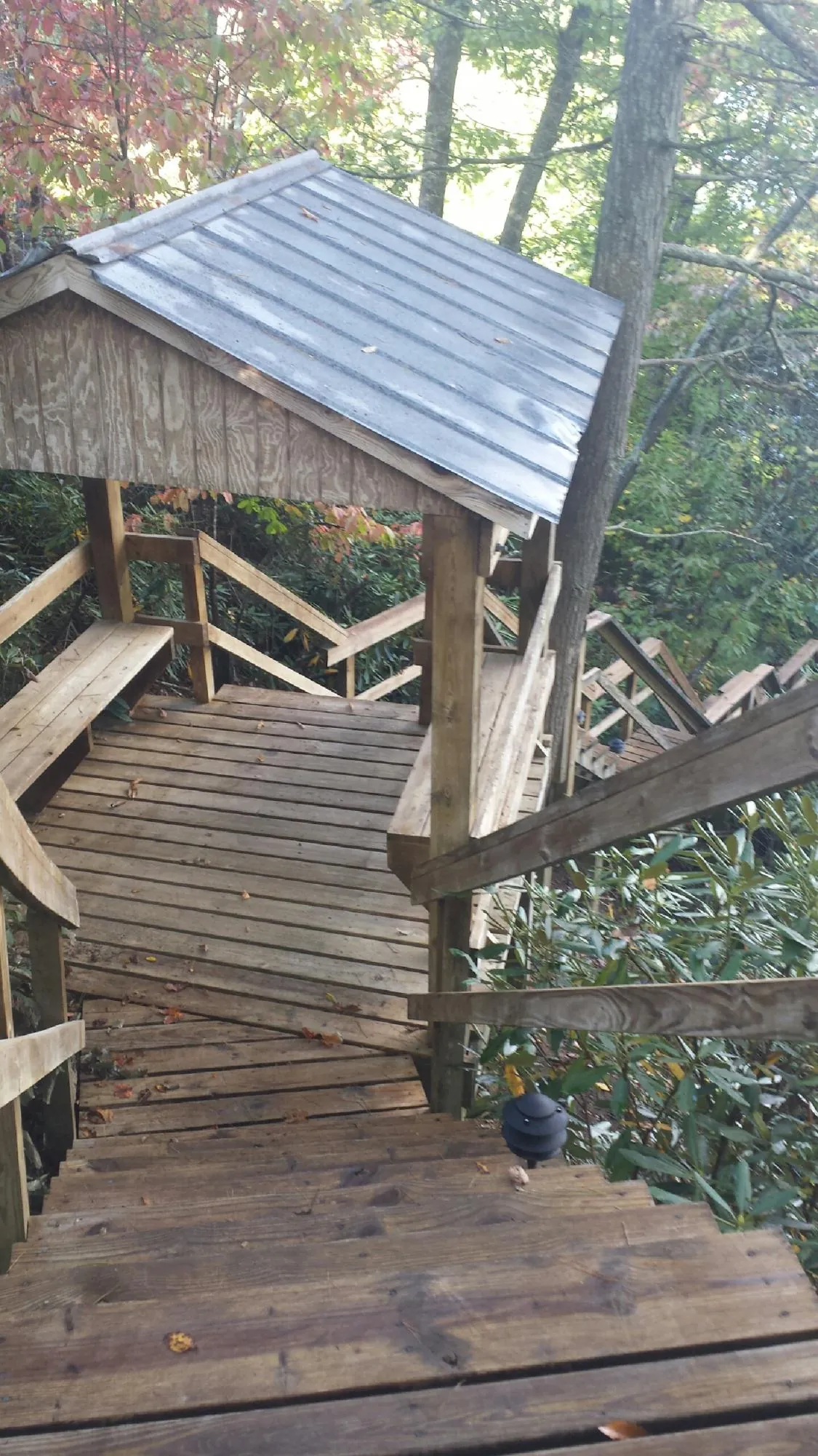 Metal roofed shelter over wooden steps on a wooded walkway — Skylight Repair & Installation work by our crew in Preble